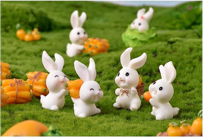 21Pcs Mini Rabbit and Carrot Figurines 1inch Cute Resin Bunny Cake Toppers for DIY Fairy Garden Dollhouse Moss Landscape Crafts Easter Decors