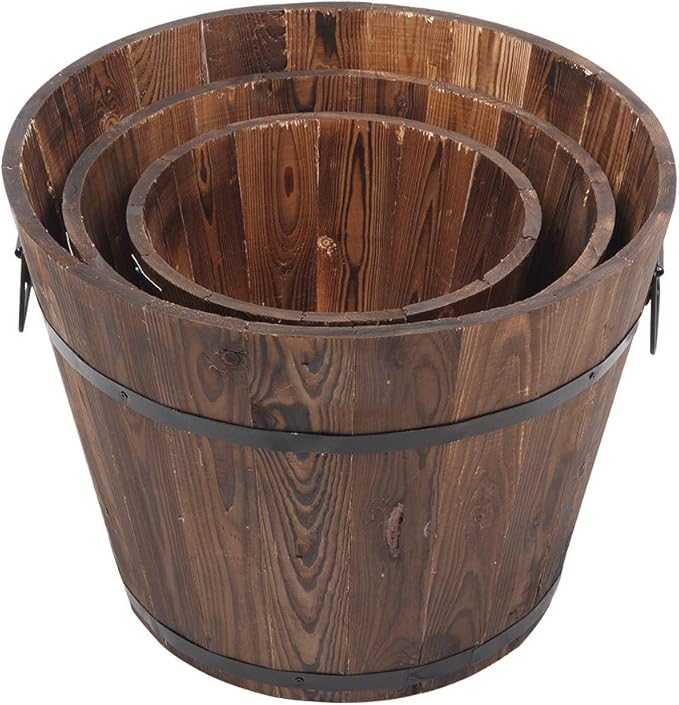 3 Pcs Wooden Planter Barrel Set, Outdoor Flower Pots with Handle & Drainage Holes, Rustic Whiskey Barrel Planter for Plants, Herbs, Veggies, Indoor Outdoor Use