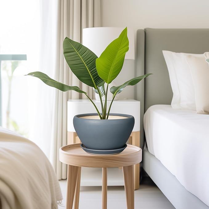 Ceramic Pots for Plants - 9 Inch Planter for Outdoor Plants Large Plant Pot Indoor with Drainage Hole and Saucer Decorative Modern Flower Pot for Home Garden Decor Gray