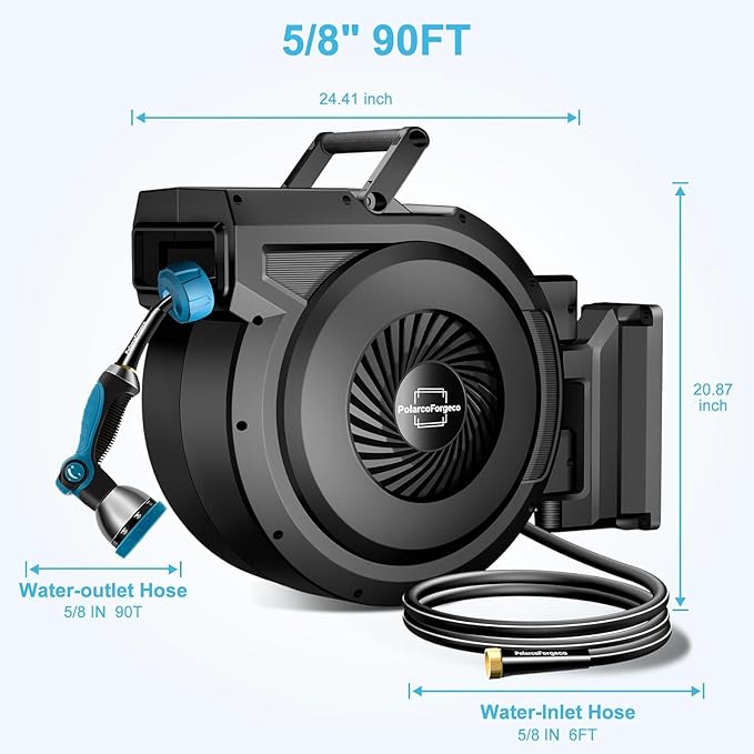 Retractable Garden Hose Reel - 5/8 inch x 80 ft Wall Mounted Hose Reel with 10 Pattern Nozzle & Any Length Lock, Heavy Duty Water Hose Supports Automatic Rewind & 180° Swivel, Black