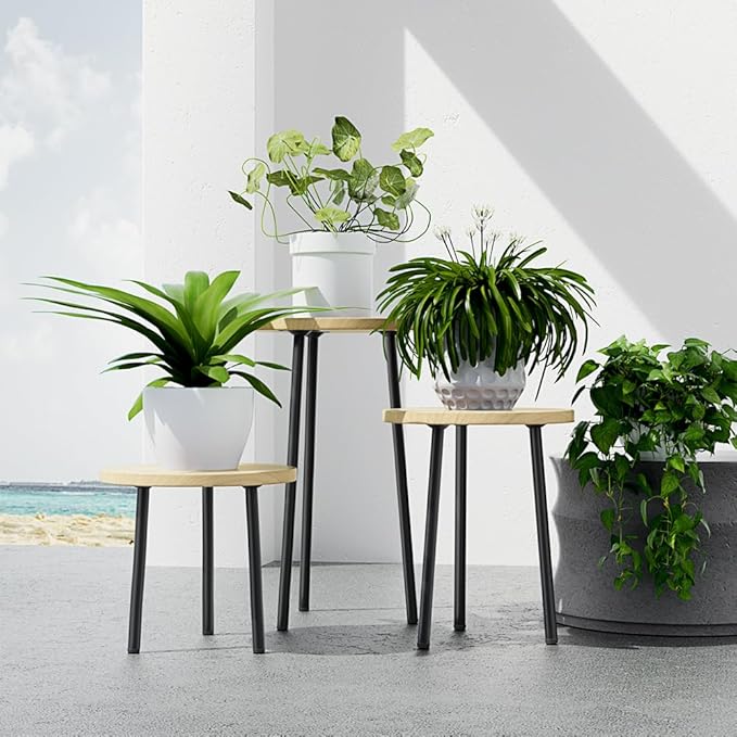 Plant Stand Indoor Tall: Corner Wood Plant Stand 2 Pack Mid Century Modern Decor - Small Round Plant Table for Indoor Plants - Outdoor Plant Holder for Patio Living Room Bathroom Office (Burlywood)