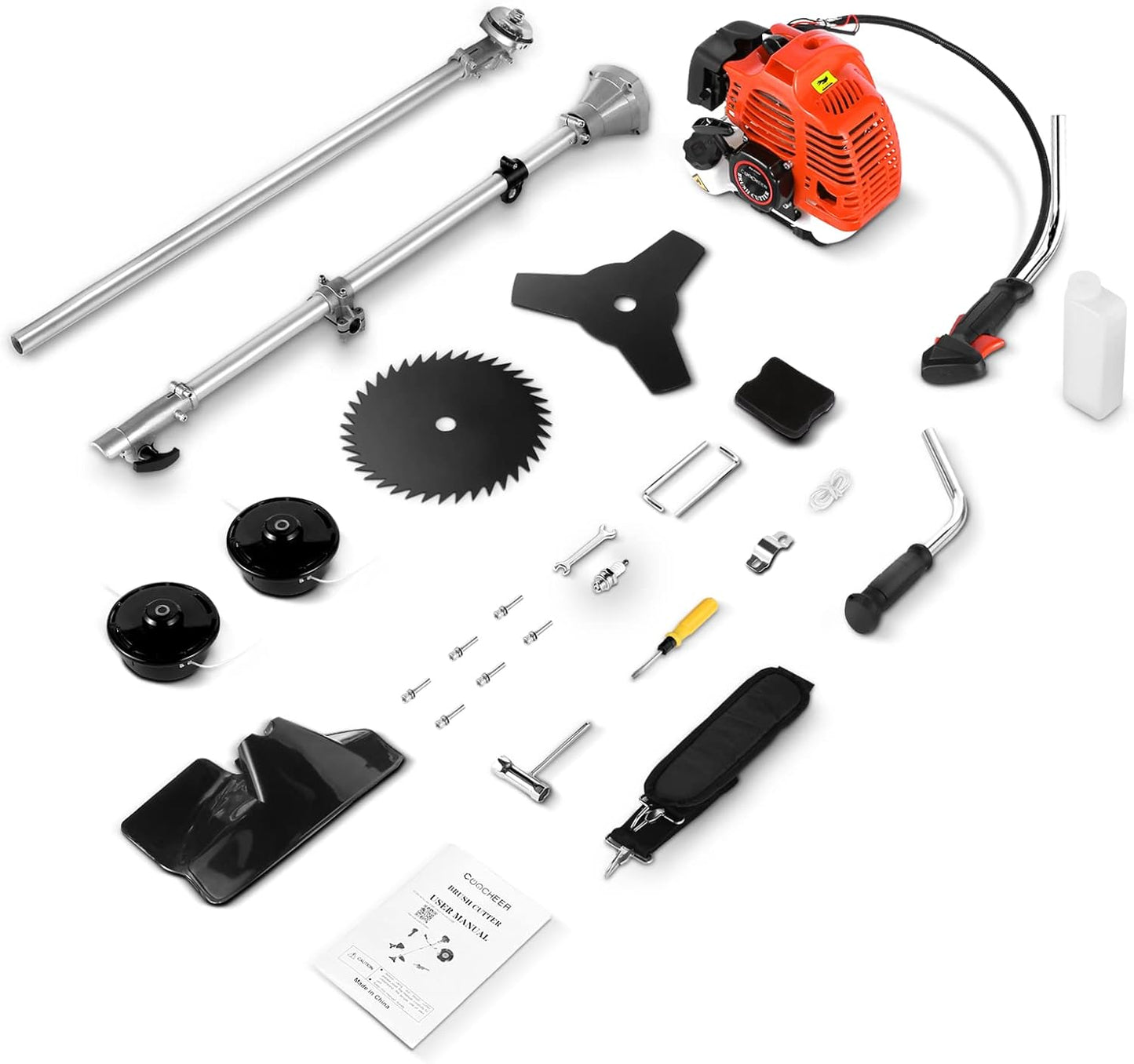 58CC Weed Wacker Brush Cutter, Gas Powered String Trimmer 4-in-1 Gas Weed Eater with 4 Detachable Heads Straight Shaft 2-Cycle for Weed, Brush(Orange)