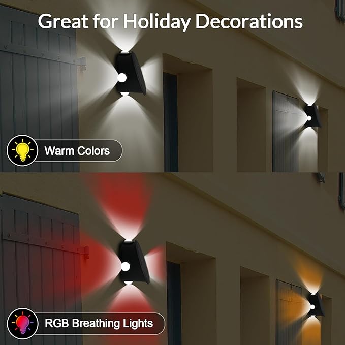 Outdoor Wall Lights - 4 LED Solar Lights for Outside - IP65 Waterproof-RGB Multicolor - Auto On/Off - 1200mAh Battery, Use on The Fence, Patio, Yard, Garden, Porch&More 2 Pack (White Color)
