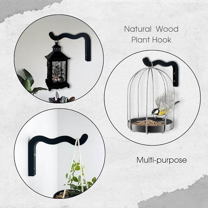 2-Piece Set of Wavy Wooden Wall Planters for Indoor Plants 6 Inch - Natural Plant Hook for Wall Plant, Wind Chimes, Flower Brackets, Patio Garden Decorations - Bracket Plant Hanger (Black)