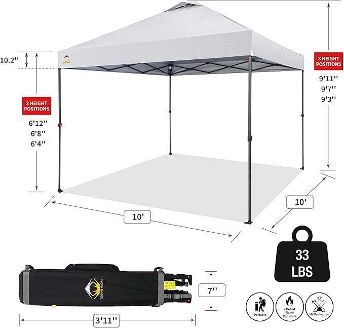 CROWN SHADES 10x10 Pop Up Canopy - Patented Center Lock One Push Instant Outdoor Canopy Beach Tent with STO-N-Go Bag 8 Stakes & 4 Sand Bags,White