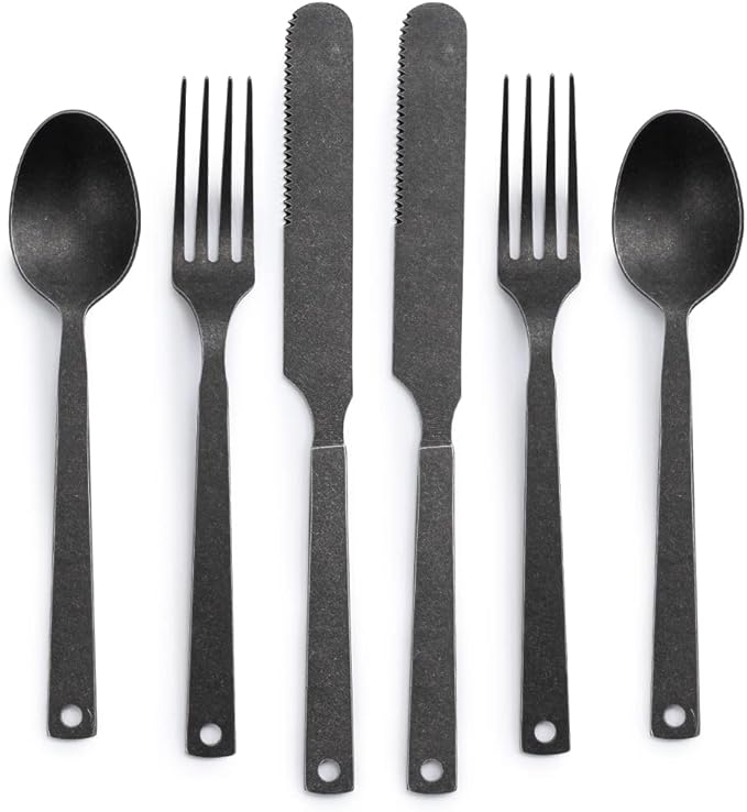 Barebones Flatware Silverware Set - Formal Camping Utensils - Stainless Steel Cutlery Set of 6 - Camping Utensil Set with Forks, Knives, and Spoons (Matte Black)