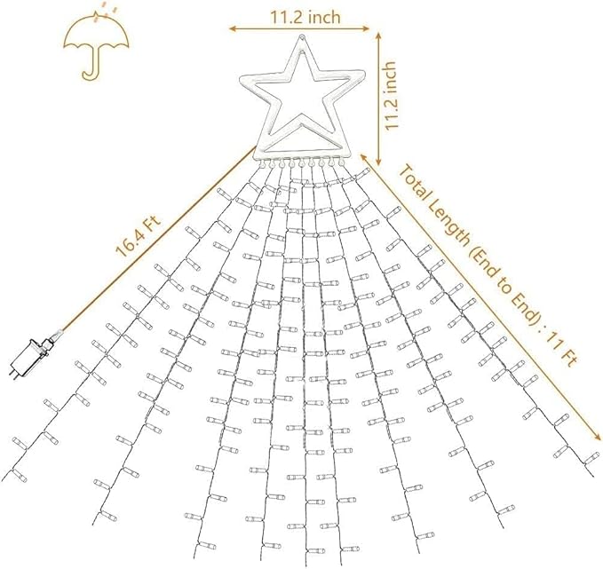 Christmas Decorations Star String Lights, 320 LED Waterfall Tree Lights with 13" Topper Star 8 Lighting Modes Indoor Outdoor Decorative for New Year, Holiday, Wedding, Party