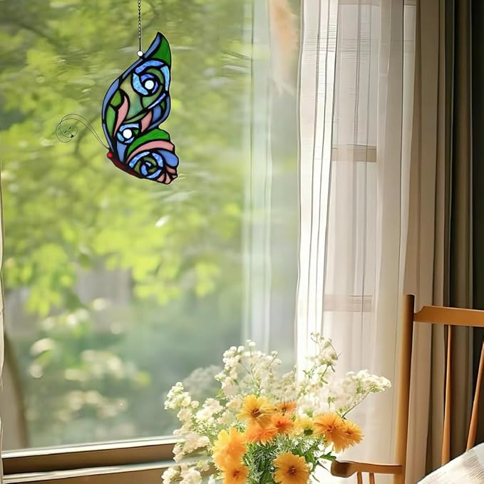 Stained Glass Window Hangings Butterfly Tiffany Style Butterfly Suncatcher for Window Hanging Suncatchers Handcrafted Ornament (Green&Blue)
