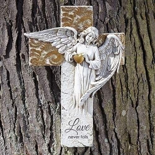 Roman Angel on Cross with Gold Heart Garden Statue,12-inch Height