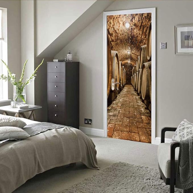 3D Door Stickers Murals Peel and Stick - Wine Cellar - Door Wallpaper Self-Adhesive Door Decals Removable PVC Waterproof Door Poster for Bedroom Living Room Door Decoration 35.4" x 78.7"