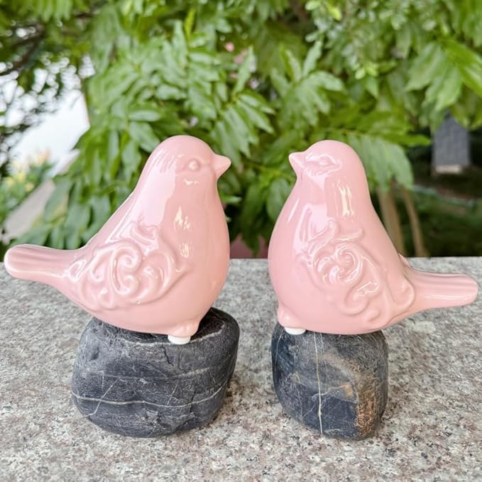 2PCS Ceramic Bird Figurines Decorative Bird Ornaments Statue for Home Garden Decor (Pink)
