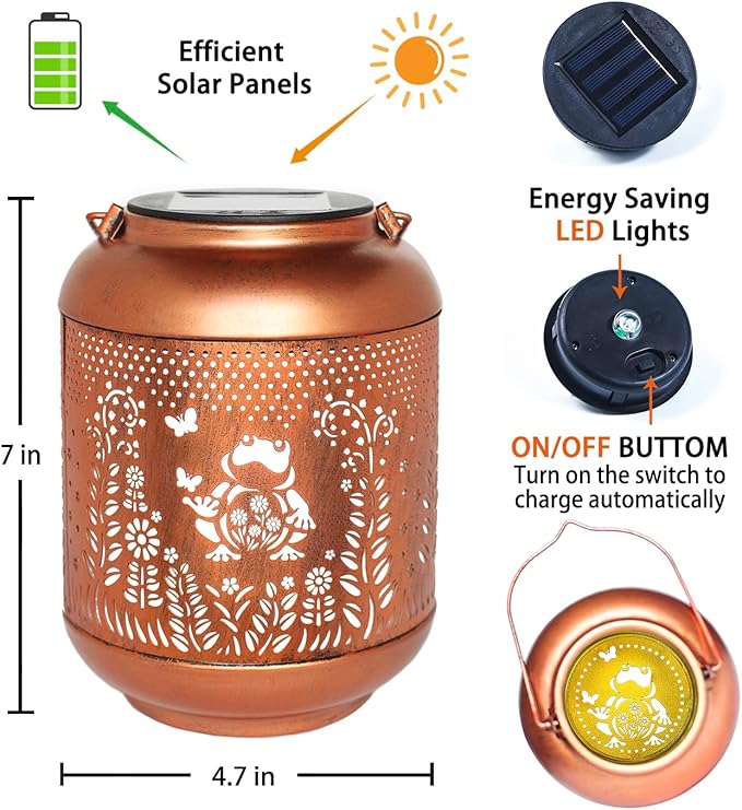 2 Pack Frog Solar Lanterns Outdoor Waterproof Hanging Solar Lights Frog Gifts for Women Men Mom Metal Decorative LED Outdoor Lanterns for Patio, Lawn, Landscape, Garden Decor, Yard Decorations
