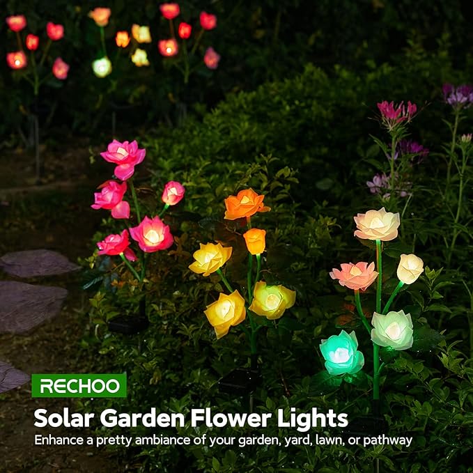 RECHOO Solar Garden Lights - 6 Pack Upgraded Garden Decor with 30 Rose Flowers, 7 Color Changing Waterproof Solar Flowers for Outside Yard Pathway Decoration