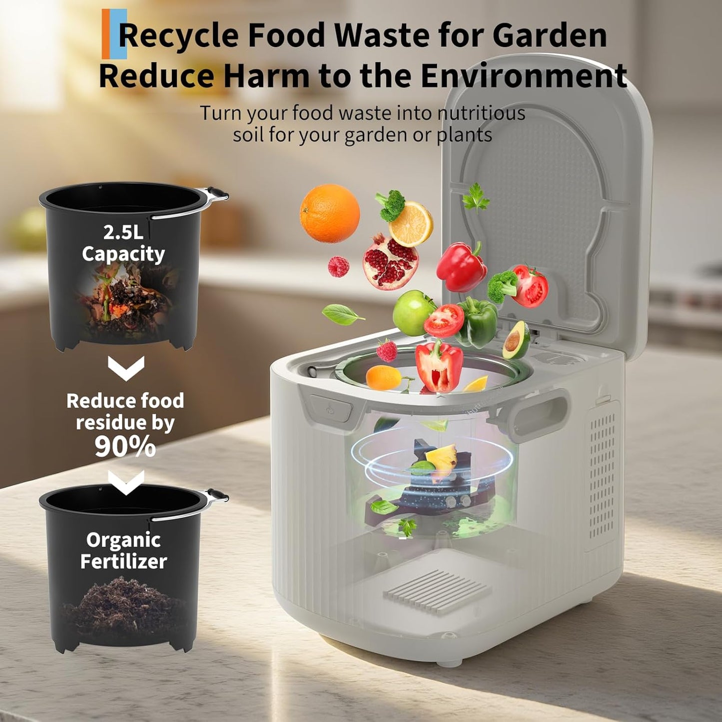 2.5L Electric Kitchen Composter Smart Odorless Compost Bin Auto-Cleaning Countertop Food Waste Composting Machine -Fast 4-6H Food Waste to Fertilizer Conversion for Outdoor Use (White