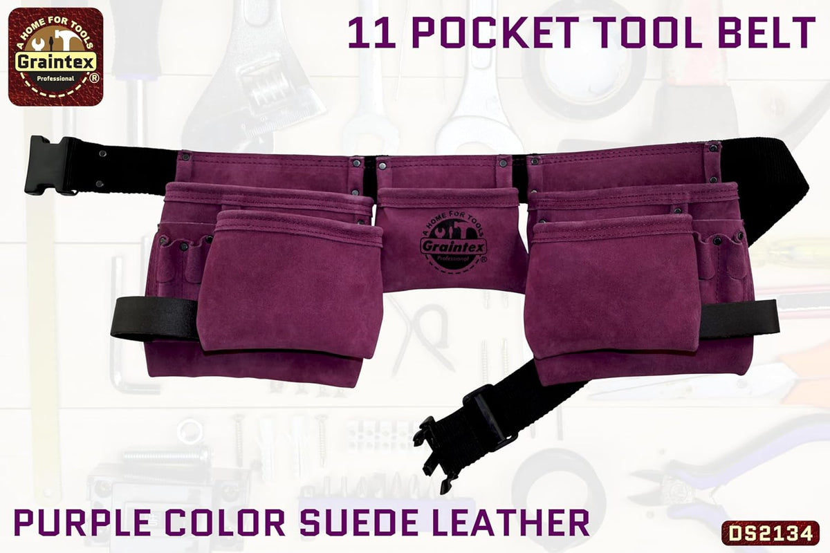Graintex DS2134 11 Pocket Purple Color Suede Leather Tool Belt/Tool Bag/Work Apron, 2 Hammer Loops, Adjustable Belt | Construction, Carpenter, Roofing, Drywall, Electrician, Gardening, DIY