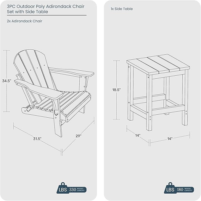 WO Home Furniture Adirondack Chairs Table Set of 3 PCS Outdoor Folding Chairs Side End Table Weather/UV Resistant for Lawn, Garden, Bon Fire, Balcony (Navy Blue)
