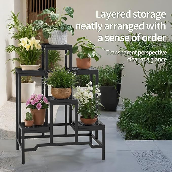 Plant Stand - Aluminum Indoor/Outdoor Flower Rack, Waterproof & Rust-Proof, Stable Support for Pots, Perfect for Living Room, Balcony, Garden, and Office (Black, 6 Tier)