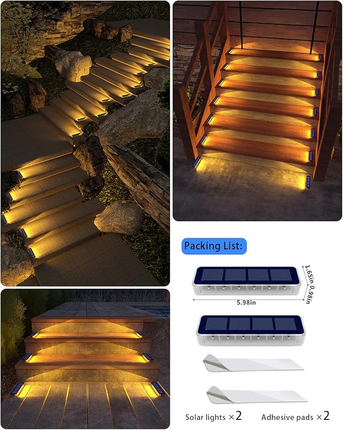 Solar Step Lights for Outside, 2 Pack Solar Stair Lights, Warm White Outdoor Deck Light Waterproof, Outdoor Light Solar Powered for Deck, Dock, Pathway, Porch, Path, Ground, Backyard