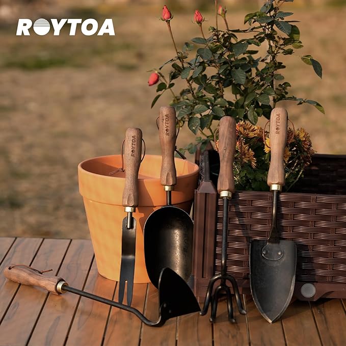 Garden Tool Set,5Pcs Gardening Tools,Stainless Steel Heavy Duty Hand Cultivator, Hoes,Shovel, Trowel and Weeder with Ergonomics Walnut Handle,Gardening Gifts for Women