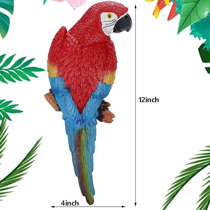 Parrot Decor Tiki Decorations for Outside Patio, Large Realistic Parrot Statues for Pool Deck Garden Yard Lawn, Lifelike Bird Sculpture Tropical Animal Figurines for Tree Wall Decor(Red)