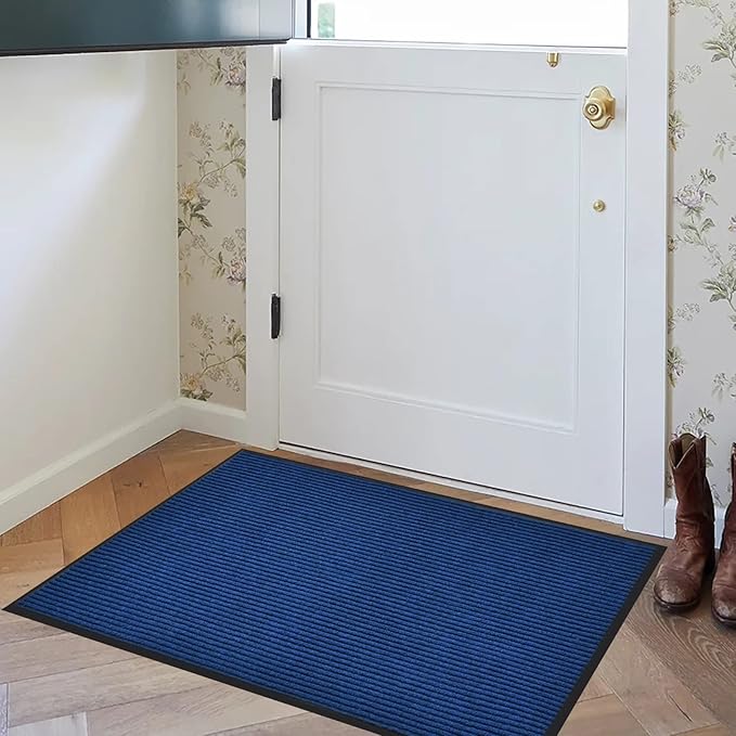 Heavy Duty Entrance Mats, Indoor and Outdoor Rubber Door Mat, Easy Clean Waterproof Anti-Slip Floor Doormat Rug, Low Profile Entrance Shoe Scraper for Entryway, Patio, Garage 47" x 31" Blue