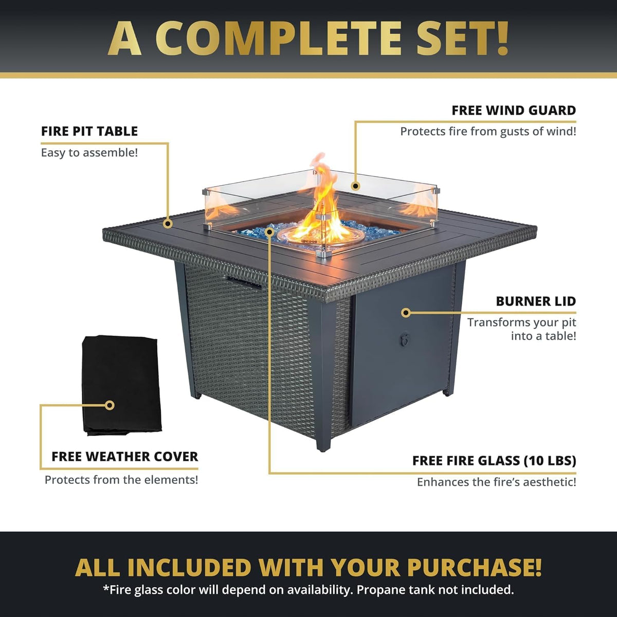 42'' Propane Fire Pit Table, 50,000 BTU Outdoor Gas Fire Table with Lid, Square Aluminum Fire Table with Wind Guard and Weather Cover, 2 in 1 Rattan Firepit Table for Outside Patio, Backyard, Gray