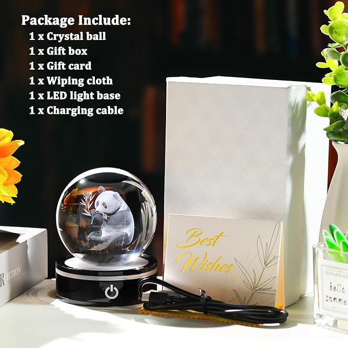 YWHL 3D Panda Figurine Crystal Ball with Colorful Light Base, Panda Gifts for Women Men on Christmas Birthday, 3D Laser Engraved Full Sphere Glass Decorative Ball for Home Office (80mm)