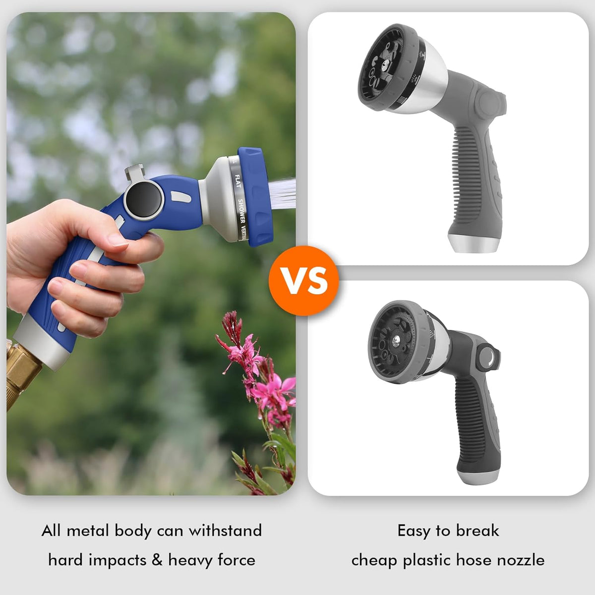 RESTMO Hose Nozzle Heavy Duty, Metal Water Hose Sprayer for Garden, 9 Spray Patterns | High Pressure | Thumb Flow Control | On/Off Valve, Ideal for Lawn & Plant Watering, Car & Pet Washing, Blue