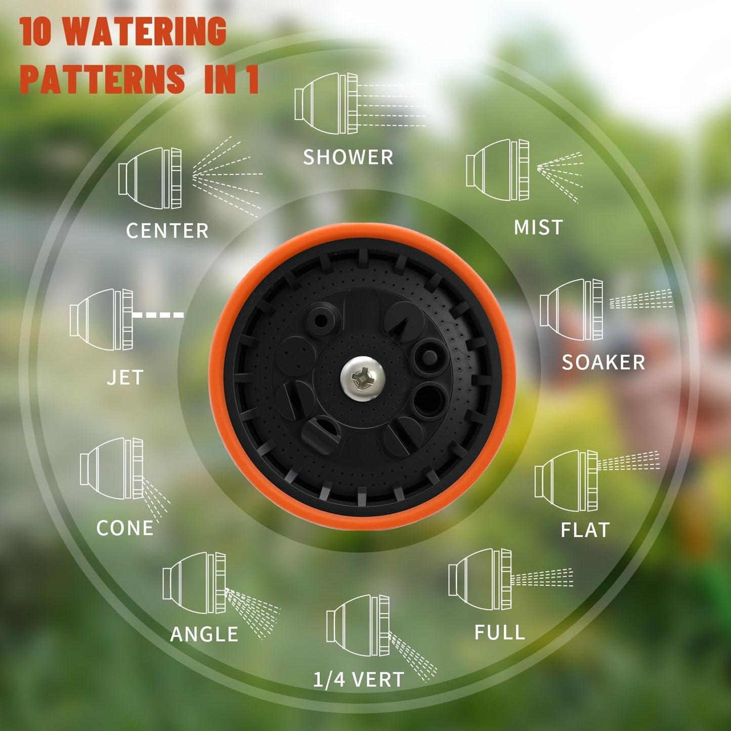 Garden Hose Nozzle, Hose Sprayer Nozzle with 10 Spray Patterns, High Pressure Water Hose Nozzle Heavy Duty Metal Hand Sprayer for Car Wash, Plants, Pets & Outdoor Cleaning, Orange