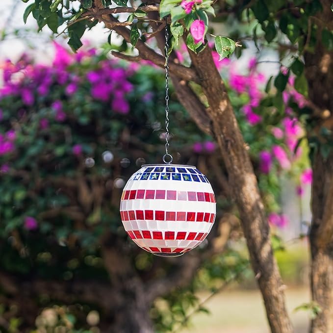 American Flag Solar Hanging Lanterns Outdoor Waterproof Glass Mosaic Gazing Ball Globe Hanging Lantern Lights for Patio Garden Yard Home Decor (Red)