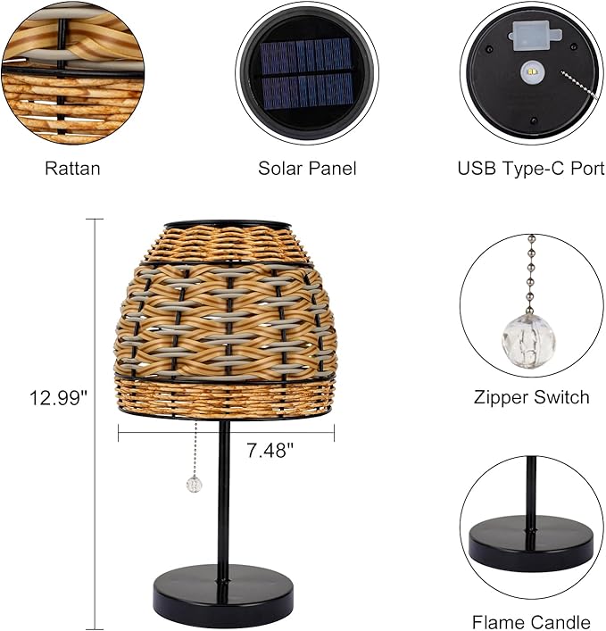 Outdoor Solar Table Lamp,3 Color Temperatures Bedside Lamps with USB-C Ports,Boho Desk Lamps Pull Chain Table Lamps with Black Metal Base for Garden,Yard,Patio,Lawn Outdoor Decor