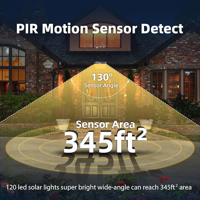 HMCITY 120 LED Outdoor Solar Lights- with Motion Sensor and 3 Lighting Modes, IP65 Waterproof Wide Solar Wall Lights Ideal for Garden Patio Yard (Front Button 4Packs, Warm White)