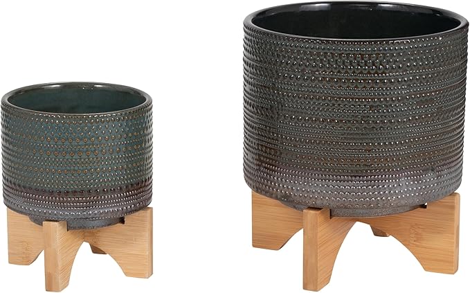 Sagebook Home 8" Ceramic Planter on Bamboo Wood Stand - Green Plant Stand with Contemporary Dotted Design - Indoor or Outdoor Plants and Succulents