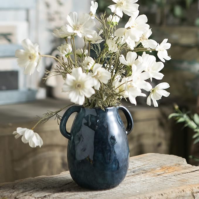 Blue Ceramic Vase with 2 Handles, Modern Farmhouse Decor, Rustic Terracotta Pottery, Decorative Flower Vases, Clay Small Vase, Centerpiece for Dining Table - 7 Inch Tall