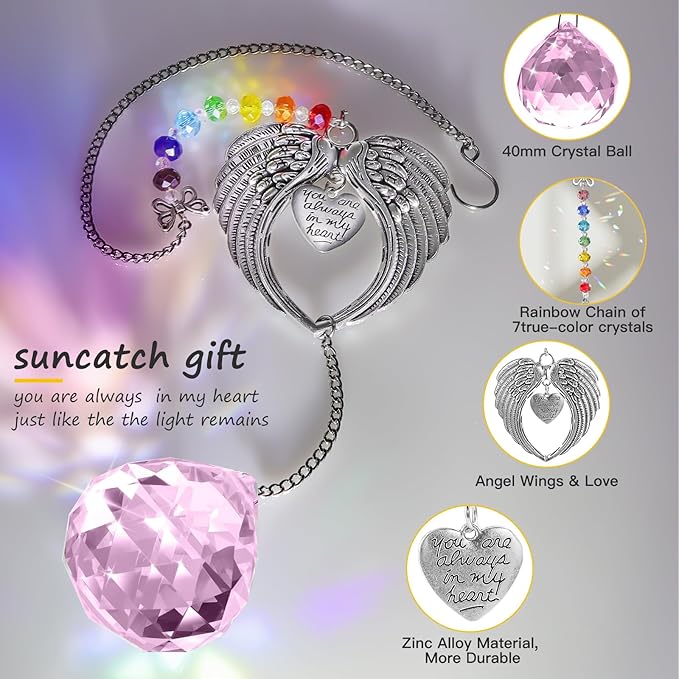 Memorial Gifts for Loss of Loved One Unique Sympathy Gifts Rainbow Sun Catcher Indoor Window Hanging Crystal Prism Grief Bereavement Gifts Ideas for Who Loss of Mom Dad (Pink)