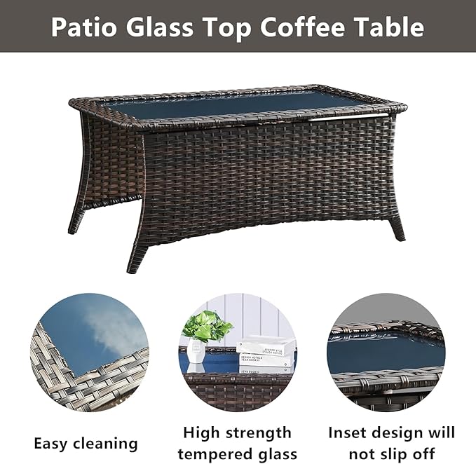 Wicker Outdoor Furniture Patio Furniture Set - 6 Piece Patio Conversation Set with Swivel Rocker Chairs, Rattan Sofa, Ottomans and Coffee Table, Blue Cushion