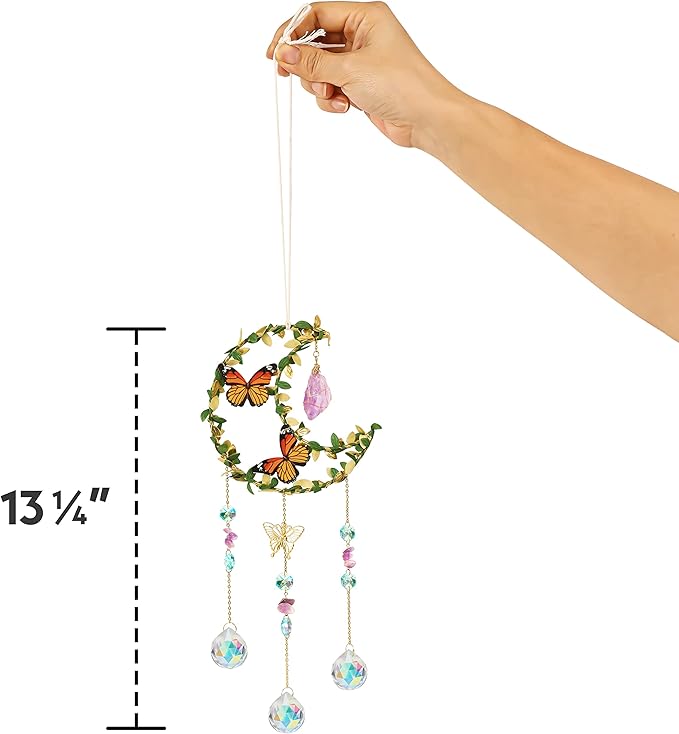 Crystal Suncatcher for Windows - Moon Shaped with Enchanting Butterfly Design - Sun Catchers Indoor Window - Hanging Crystal Wind Chimes, Rainbow Maker Gifts, Prism Suncatcher, Window Decor