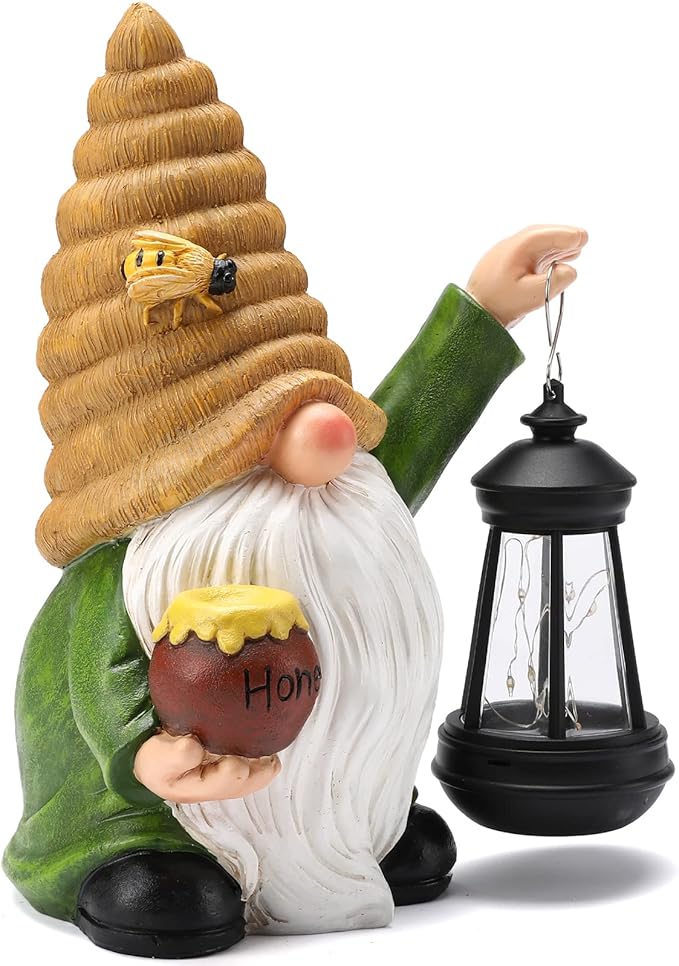 12.3''Solar Garden Gnome Outdoor Decor Honey Bee jar Gnome Statue with LED Lantern Fall Patio Yard Art Decoration Christmas Gardening Birthday Gifts for Women Mom, Honey Bee Gnome