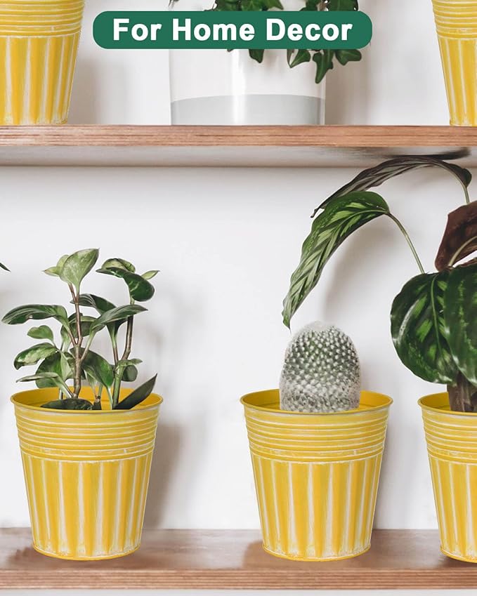 vensovo 6 Inch Yellow Metal Rustic Flower Pots - 6Pcs Galvanized Planters with Drainage Hole and Rubber Plug, Rustproof Metal Bucket Plant Pots Farmhouse Vintage Style for Decor
