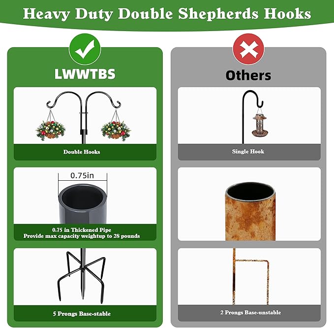 Double Shepherds Hooks for Outdoor (1Pack,76 inch) Heavy Duty Adjustable Bird Feeder Pole Garden Decor Shepherds Hook for Hanging Bird Feeder, Plant Baskets, Hummingbird Feeder for Outside