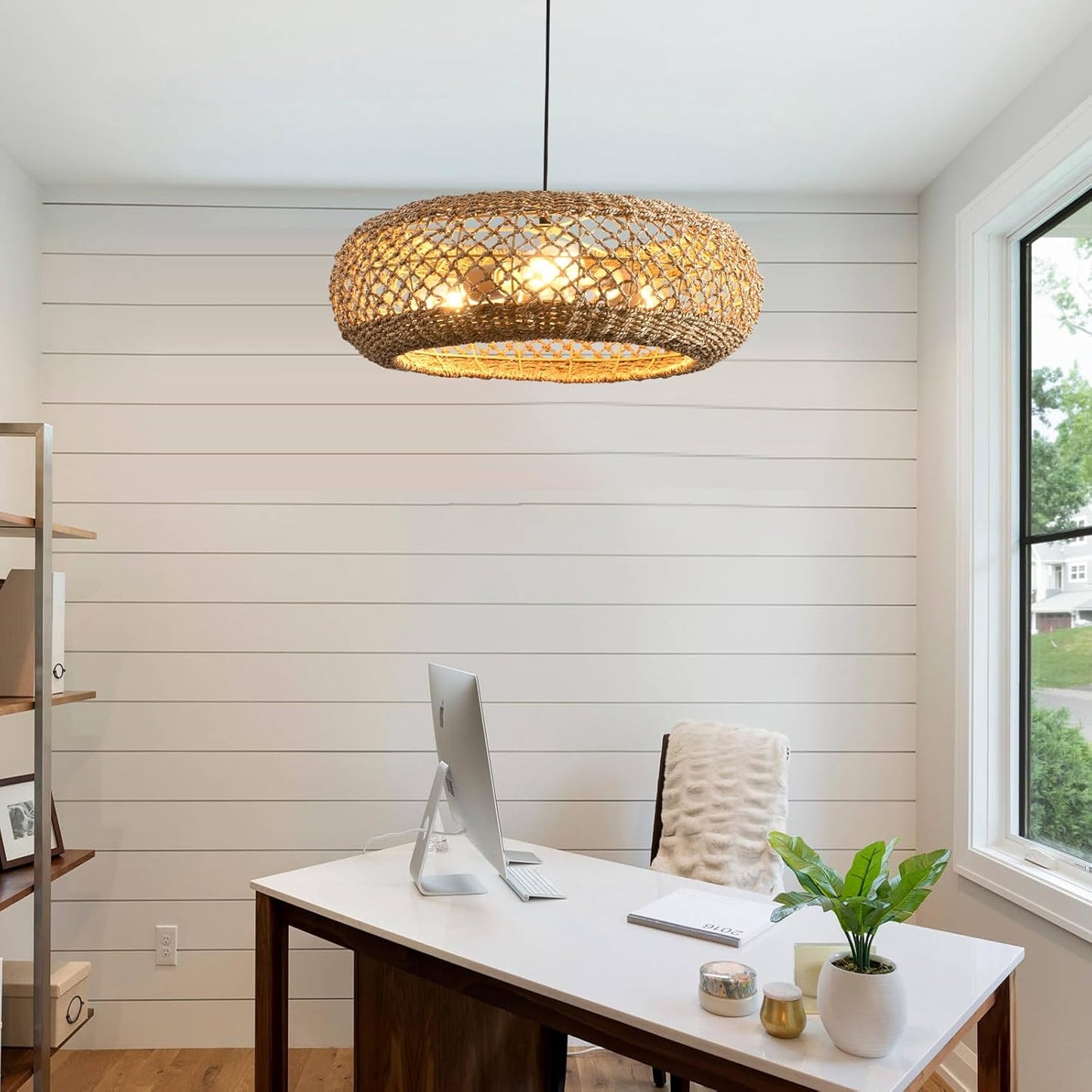 20.1" Large Rattan Chandelier, 3 Light Hanging Light, Boho Wicker Pendant Lighting, for Kitchen Island, Bedroom, Dining Room, Entryway, Foyer