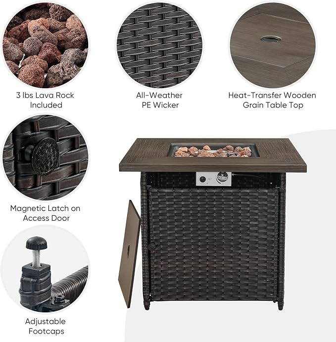 Outdoor Patio Furniture Set with Propane Fire Pit Table, 7 Pieces Wicker Patio Conversation Set with 2 Swivel Glider Rocker Chair Rattan Sofa Beige Cushion Perfect for Casual Gathering
