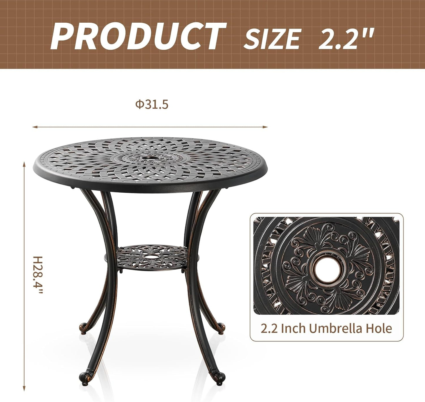 5 Piece Patio Dining Set, All Weather Cast Aluminum Outdoor Dining Table and Chairs Set of 4, Patio Furniture Conversation Set with 4 Chairs and 31" Round Table, 2.2" Umbrella Hole