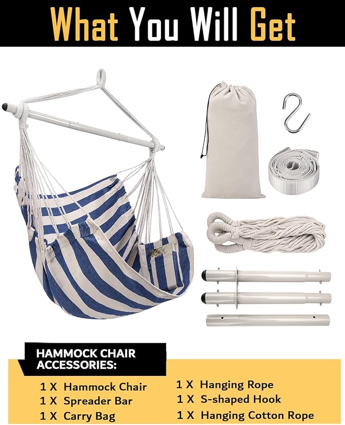 ADVOKAIR Hammock Chair Swing (500 lbs Max) - Hanging Hammock Chair Rope Swing Indoor for Bedroom, Outdoor, Patio, Bedroom, Porch, Deck - Sturdy Steel Bar with Anti-Slip Safety Rings