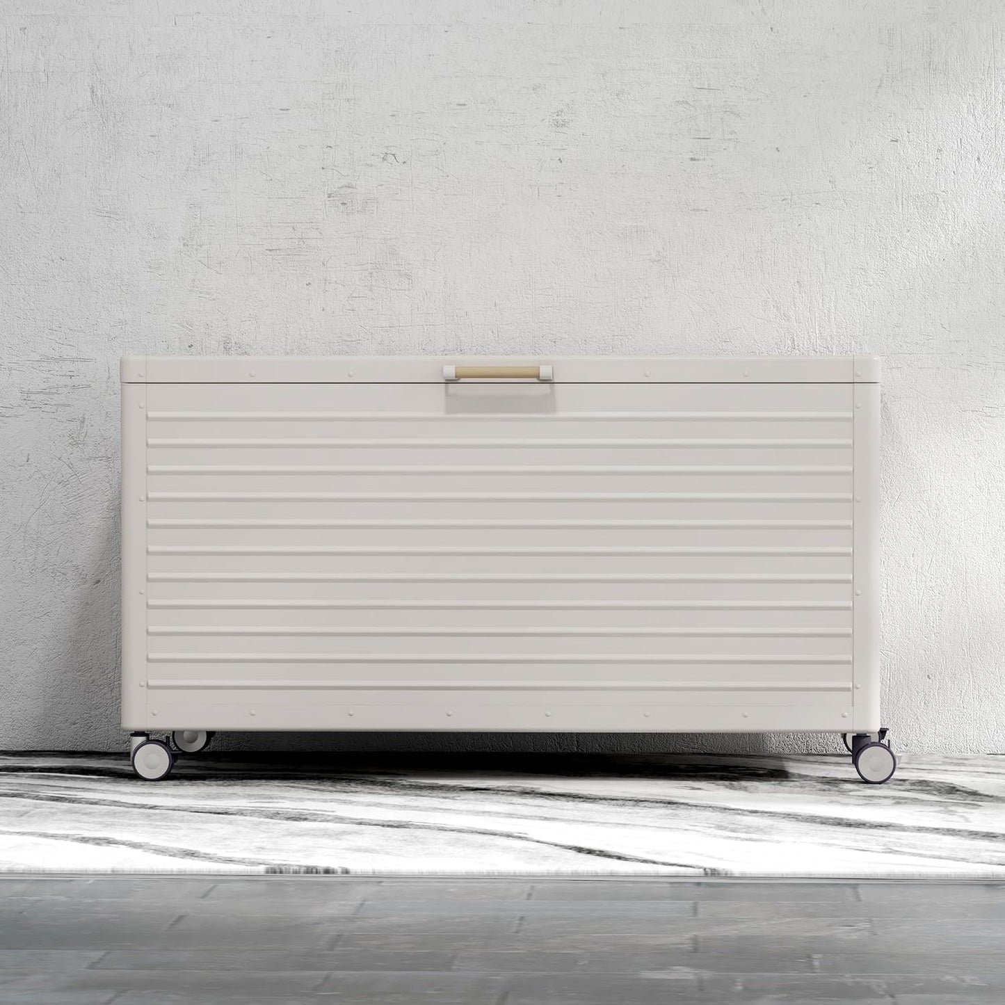 134 Gallon Outdoor Storage Box Waterproof with Wheels, Metal Deck Box for Patio Furniture, Garden Tools, Outdoor Cushion, Latte