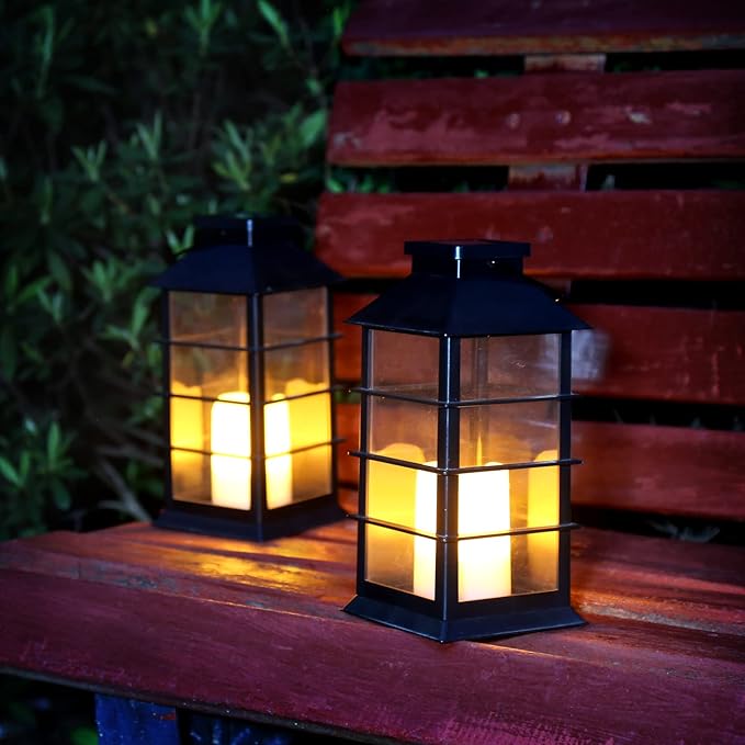 2 Pack Outdoor Garden Hanging Lanterns with Waterproof LED Flickering Flameless Candle Solar Powered Lights Yard Decor Outdoor Decorative for Pathway Courtyard Party Patio Christmas (Black)