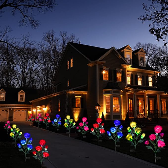 ANGMLN 2 Pack Solar Garden Lights, Solar Flower Lights Outdoor Waterproof with 10 Head Red Rose 7-Color Changing Landscape Light for Pathway Garden Patio Yard Valentine's Day Christmas Decoration