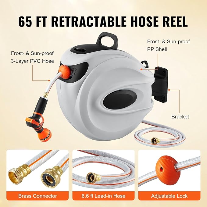 65' x 5/8" Retractable Hose Reel Wall-Mounted with 180° Swivel–Heavy-Duty Automatic Water Hose Storage for Garden,Yard,and Outdoor Use