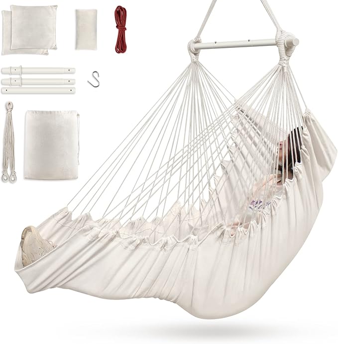 Outerman Hammock Chair, Hanging Chair with 3 Cushions and Foot Rest Support, Sturdy Metal Spreader Bar Max 440 Lbs, Swing Chair for Bedroom, Indoor & Outdoor, Patio, Porch or Tree(White)