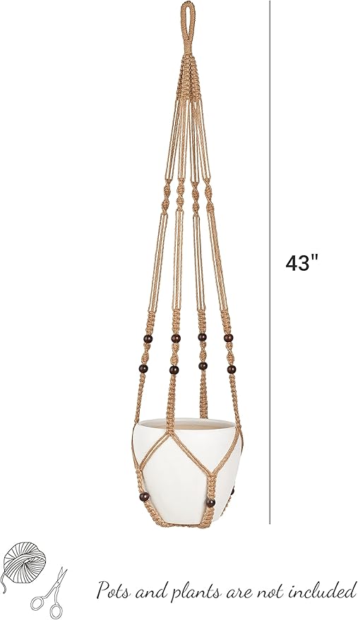 Mkono 43 Inch Macrame Plant Hanger Large for up to 12 Inch Pot Extra Long Hanging Plant Holder No Tassels Hanging Planter Basket with Wood Beads for Indoor Outdoor Home Decor, Brown, Set of 2